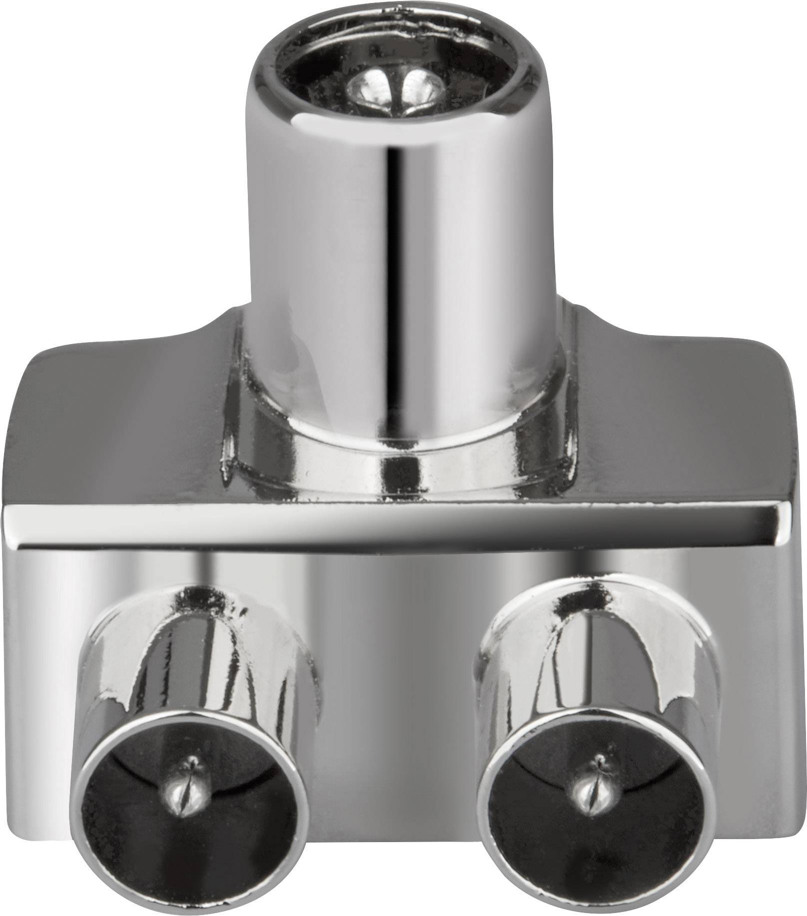 Zweifacher Antennenadapter aus Metall mit einem Eingang und zwei Ausgängen.