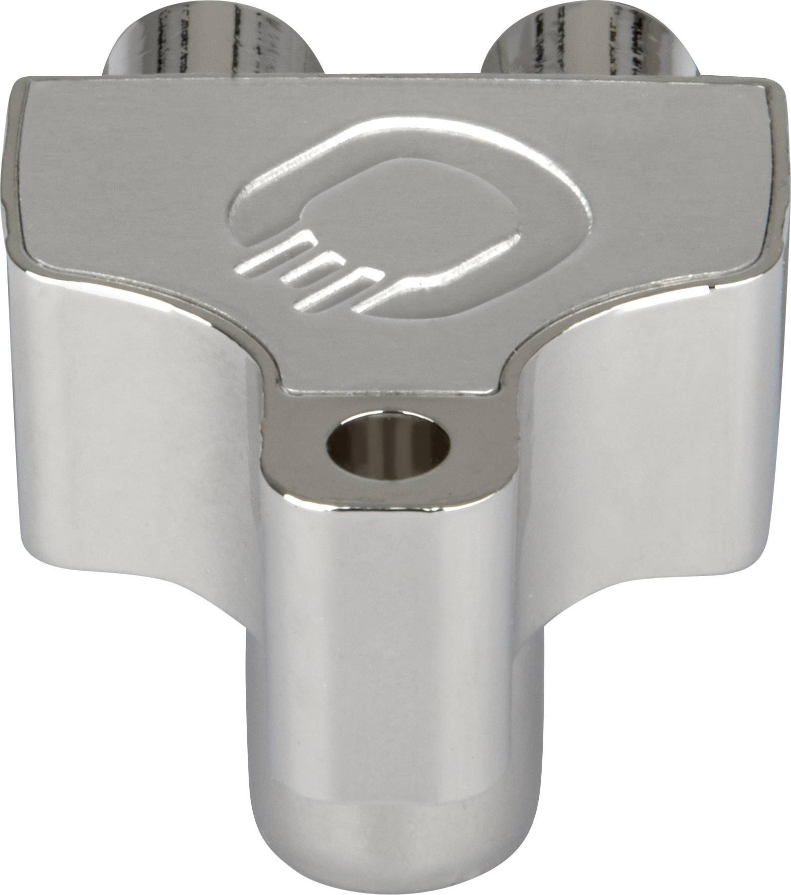 Metallischer Stecker mit einem eingeprägten Symbol. Das Symbol zeigt eine stilisierte Hand, die nach unten zeigt.