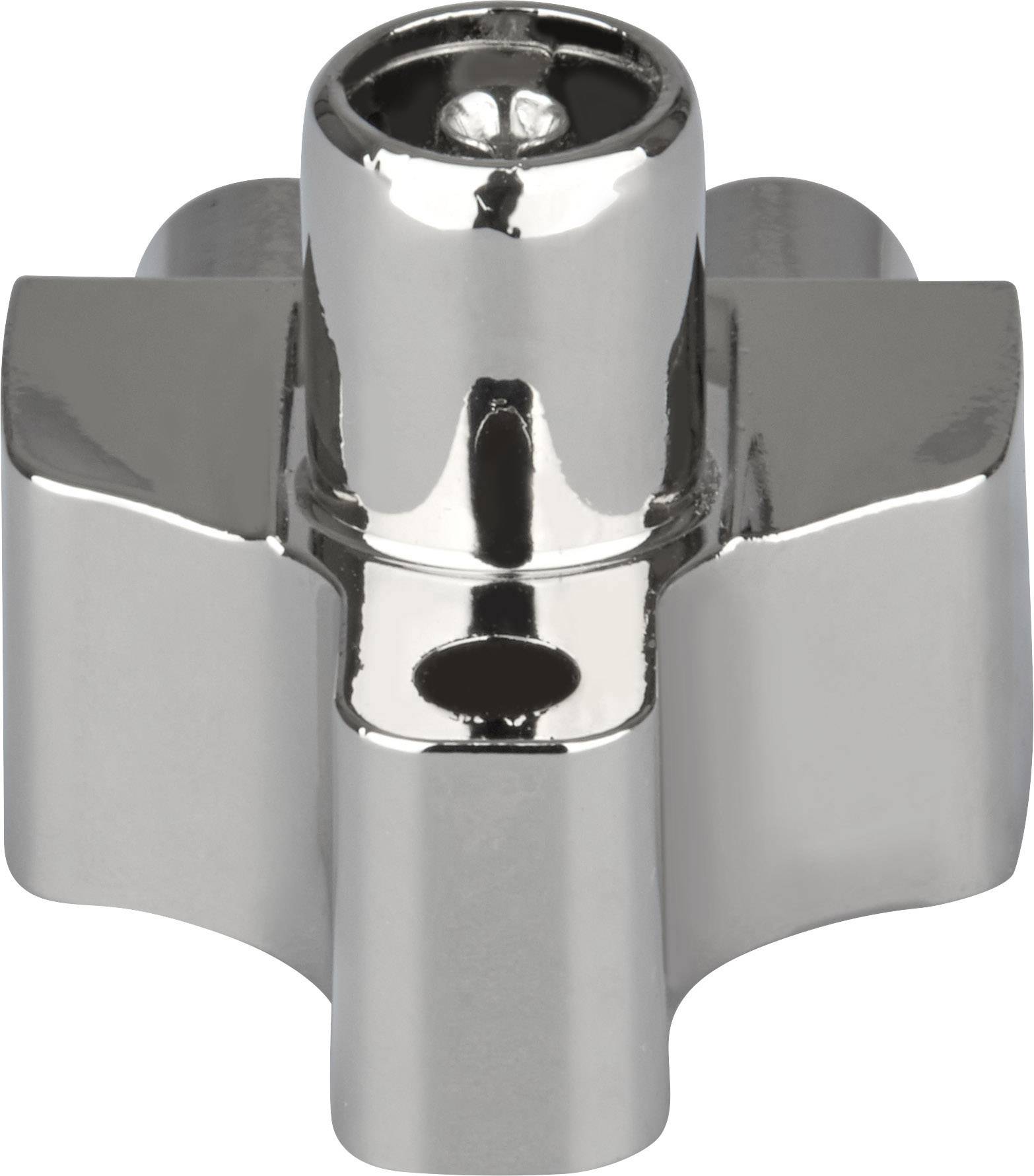 Ein silbernes Metallstück mit vier gleichen Armen und einem zentralen, erhöhten Zylinder. Es hat ein glattes, glänzendes Finish.