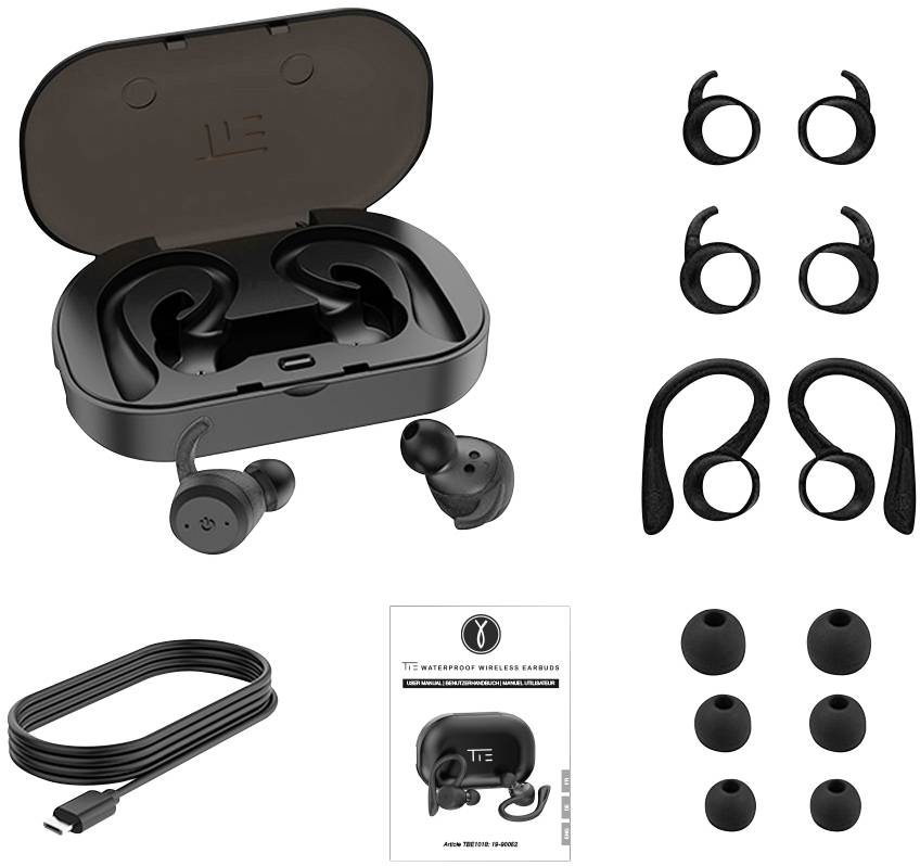 Kabellose Ohrhörer mit Ladehülle, vier Paar Ohrbügeln, Ladekabel, Bedienungsanleitung und drei Paar Ohrstöpseln in verschiedenen Größen.