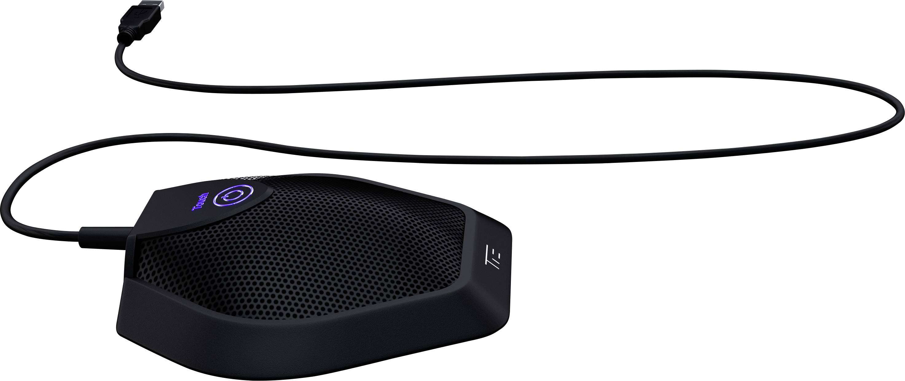 Schwarzes, sechseckiges USB-Mikrofon mit langem Kabel. Ventiliertes Design und leuchtende Anzeige auf der Oberseite.