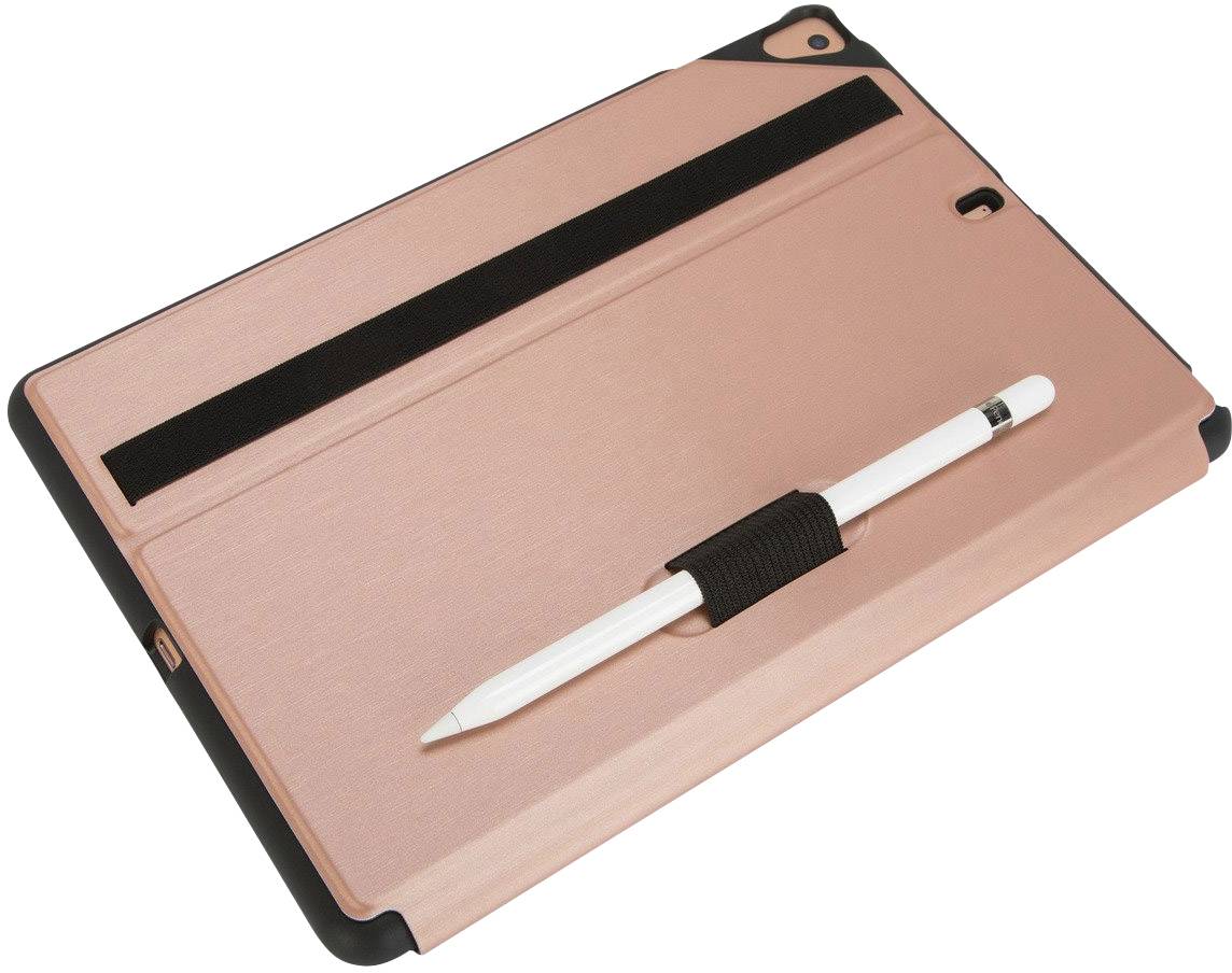 Eine roségoldene Tablet-Hülle mit einer Halterung, in der ein weißer Eingabestift steckt.
