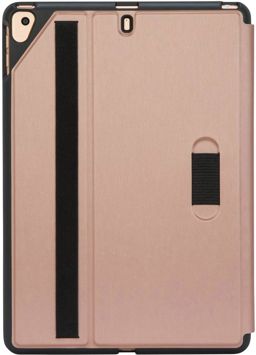 Schutzhülle für ein Tablet in Roségold mit schwarzem Band und Elastikhalterung.