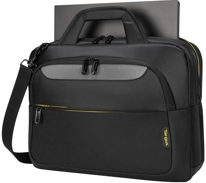 Eine schwarze Laptoptasche mit gelbem Akzent und Trageriemen, ein Laptop ragt oben heraus. Marke: Targus.