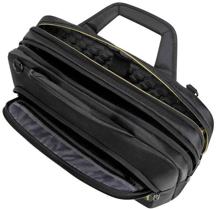 Ein geöffneter schwarzer Laptop-Rucksack mit mehreren Fächern und gepolstertem Innenraum. Ideal für den sicheren Transport von Elektronik.