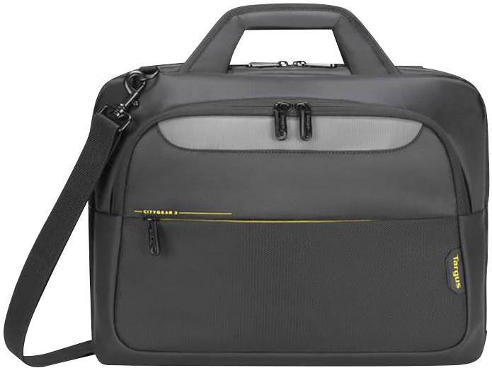 Schwarze Laptop-Tasche mit Tragegriff und abnehmbaren Schulterriemen, Vorderfach mit gelben Akzenten und Reißverschlüssen, geeignet für den Transport elektronischer Geräte.