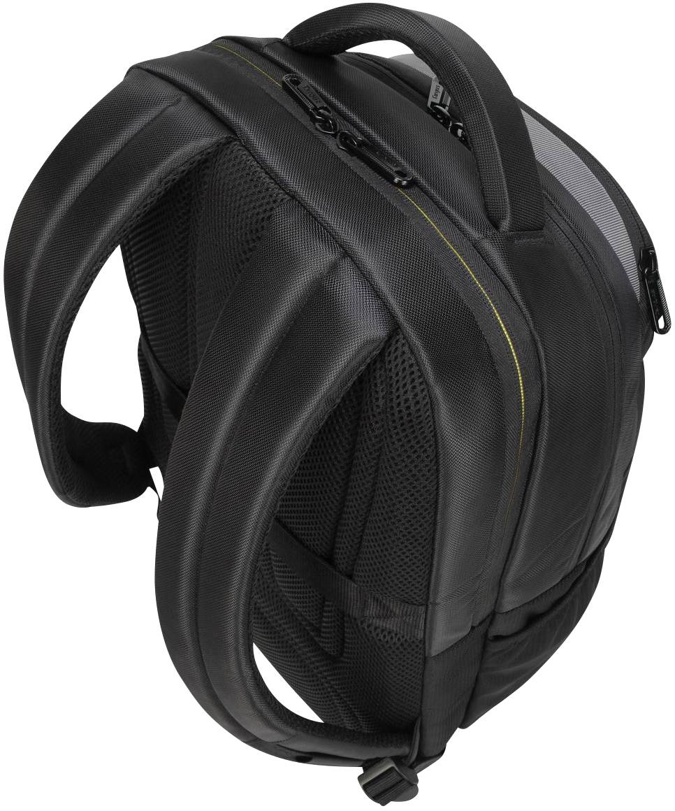 Schwarzer Rucksack mit gepolsterten Schultergurten und Reißverschlüssen, seitliche Ansicht. Ideal für Reisen oder Schule.
