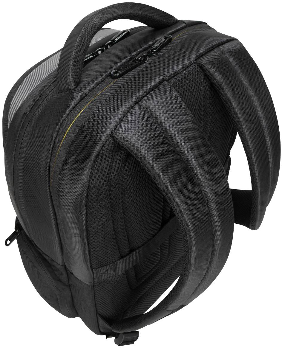 Schwarzer Rucksack mit gepolsterten Schultergurten und einem oberen Tragegriff, seitliche und obere Reißverschlüsse sichtbar.