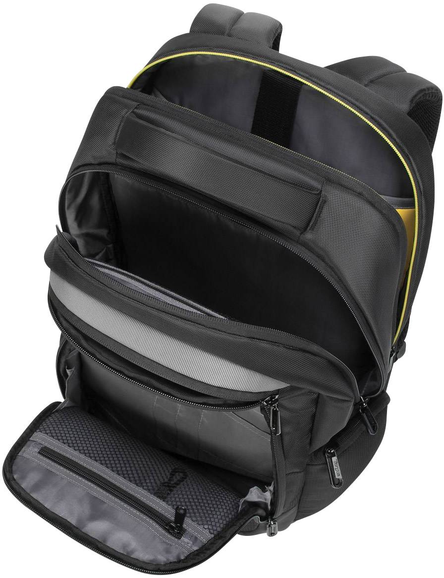 Ein schwarzer Rucksack mit mehreren offenen Fächern und Sicht auf eine gepolsterte Laptop-Tasche im Inneren.