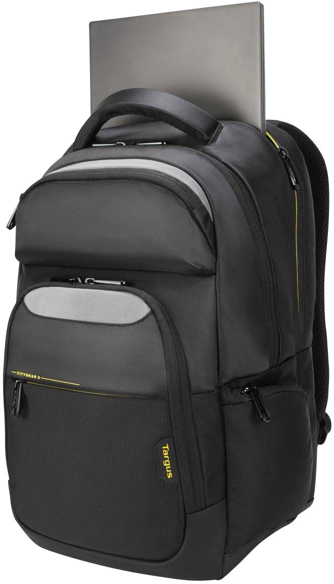 Ein schwarzer Rucksack mit einem Laptop, der aus einem speziellen Fach oben herausragt. Der Rucksack hat mehrere Reißverschlussfächer.