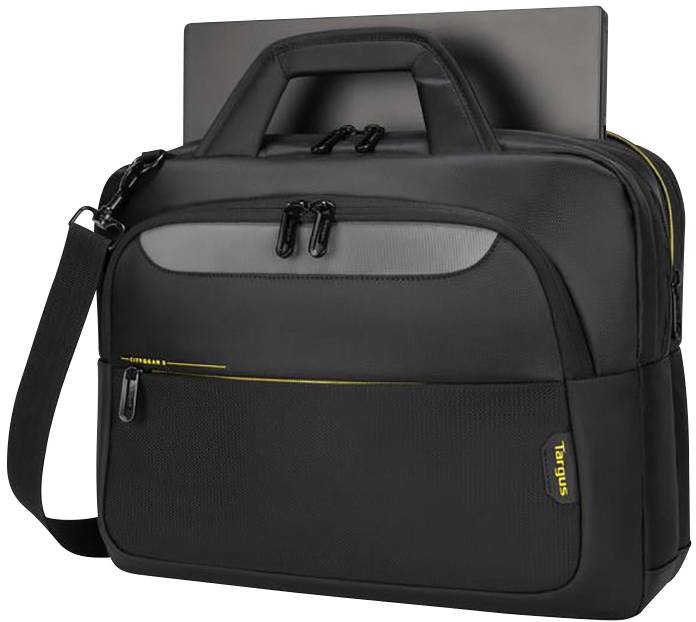 Schwarze Laptop-Tasche mit Tragegriff und Schulterriemen, teilweise geöffneter Hauptreißverschluss, zeigt Laptop an der Oberkante.