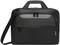 Eine schwarze Laptoptasche mit griff und abnehmbaren Schulterriemen, vordere Reißverschlusstasche und gelbe Markierungen.