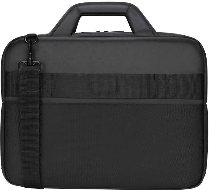 Eine schwarze Laptoptasche mit Tragegriff und abnehmbarem Schultergurt.