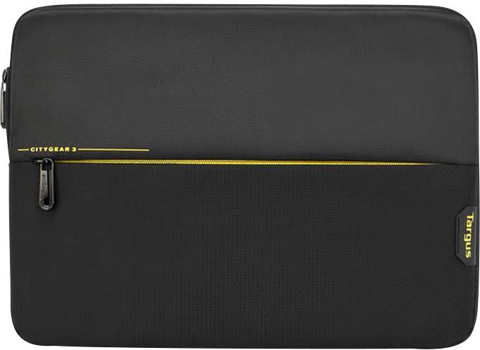 Laptop-Hülle, schwarz mit gelbem Akzent, Reißverschluss oben rechts, Logo 'Targus' rechts unten. Schlichtes, modernes Design.