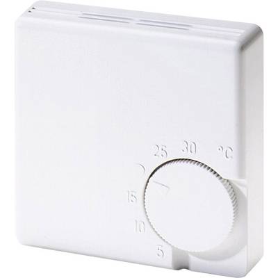 Ein weißer Raumthermostat mit einer Drehregelung von 5 bis 30 Grad Celsius, derzeit auf etwa 23 Grad eingestellt.