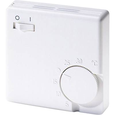 Weißer Raumthermostat mit Drehregler zur Einstellung der Temperatur und einem Ein/Aus-Schalter.