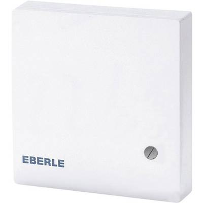 Weiße Wandthermostat-Abdeckung mit Schraube unten rechts und blauem 'EBERLE'-Schriftzug links unten.
