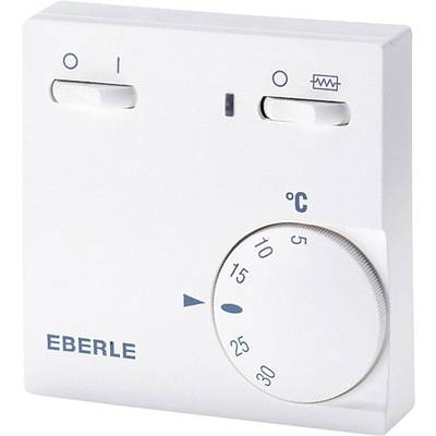 Ein weißer analoger Thermostat mit Drehregler und Skala von 5 bis 30 Grad Celsius. Zwei Kippschalter oben, mit Aufschrift 'EBERLE'.
