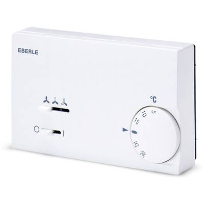 Raumthermostat mit Temperaturwahlschalter und Lüftereinstellungen. Zeigt Temperaturen von 5 bis 30 Grad Celsius an.