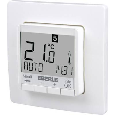 Digitaler Thermostat an der Wand zeigt 21°C an, Automatikmodus aktiv, Zeit 14:31. Temperaturregelungstasten darunter.