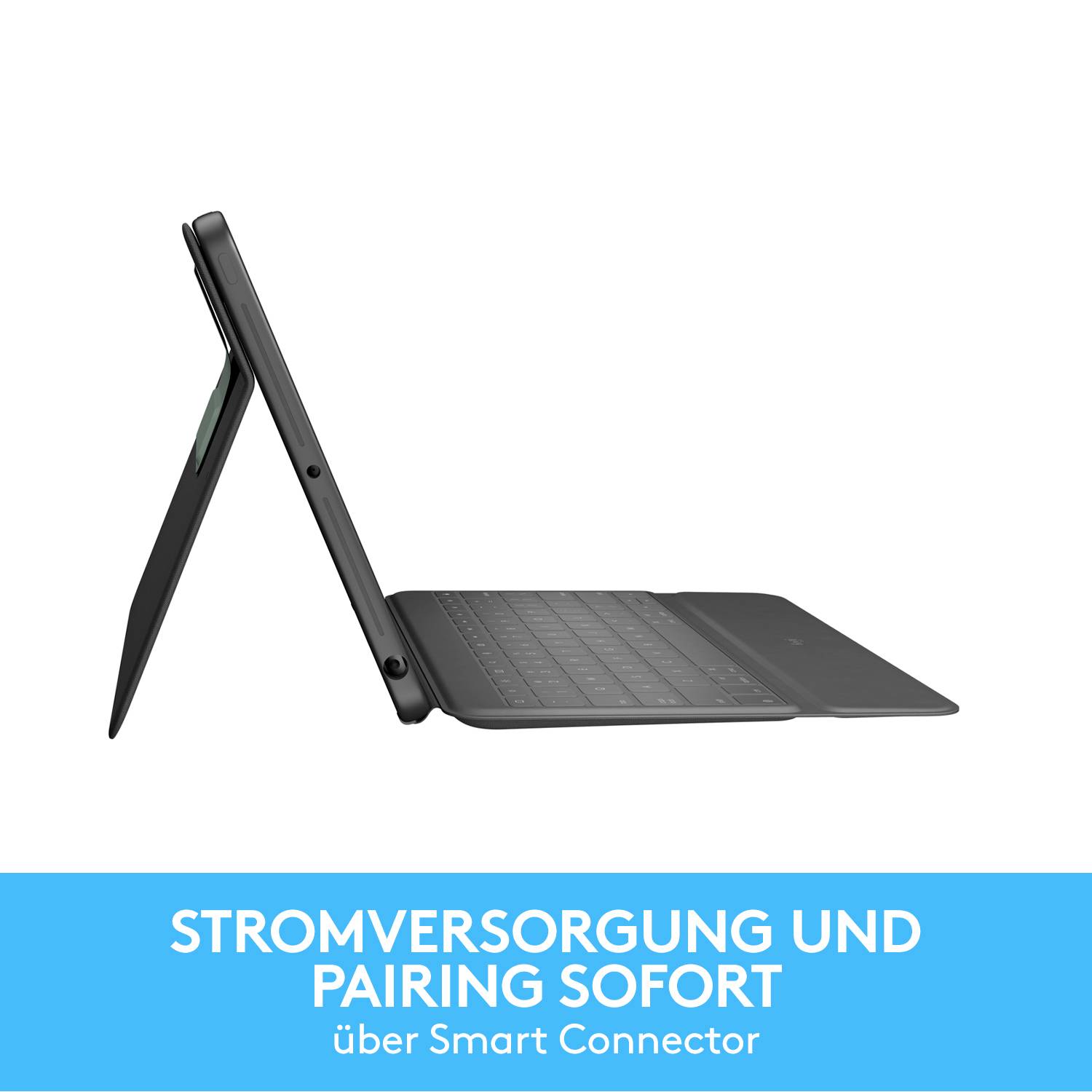 'Stromversorgung und Pairing sofort über Smart Connector' steht unter dem Bild eines Tablets mit angeschlossener Tastatur.