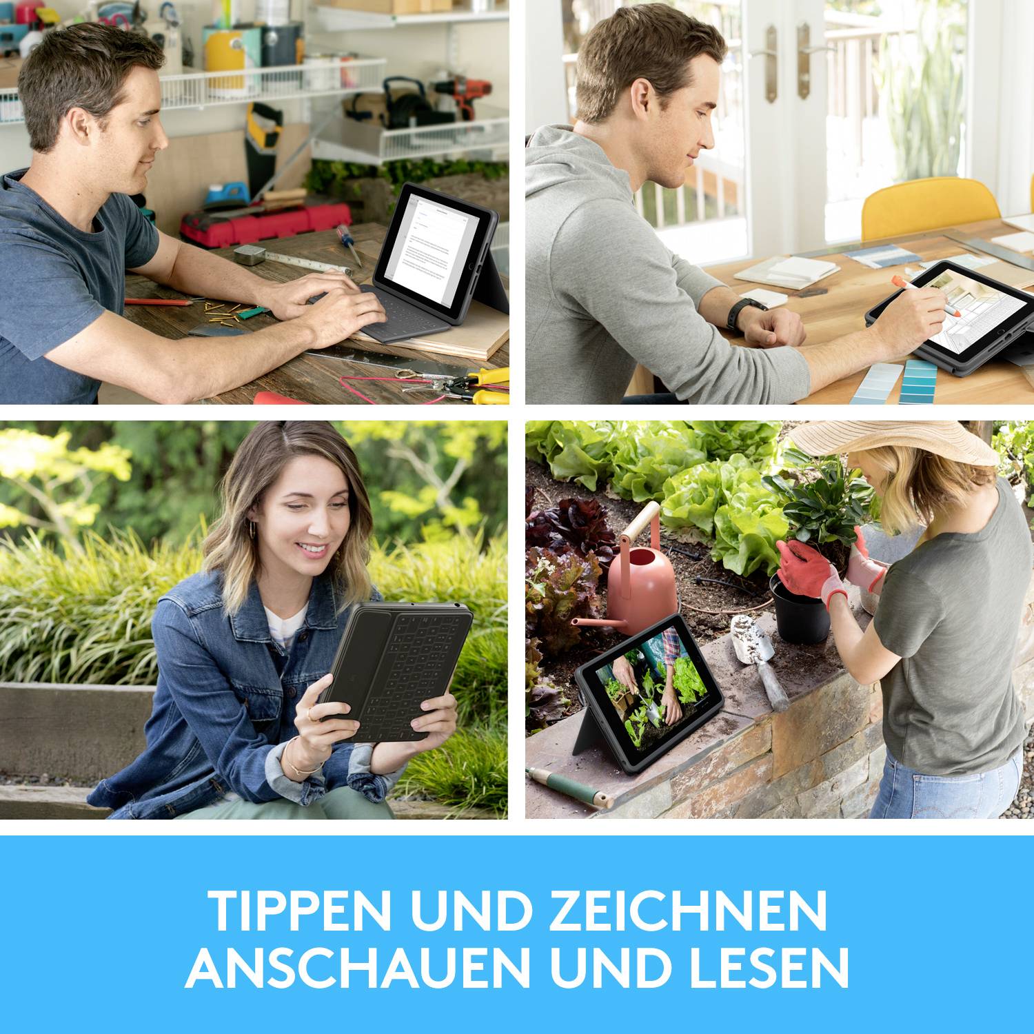 Eine Collage von Personen, die Tablets verwenden: tippen, zeichnen, lesen, und Videos ansehen in verschiedenen Umgebungen.