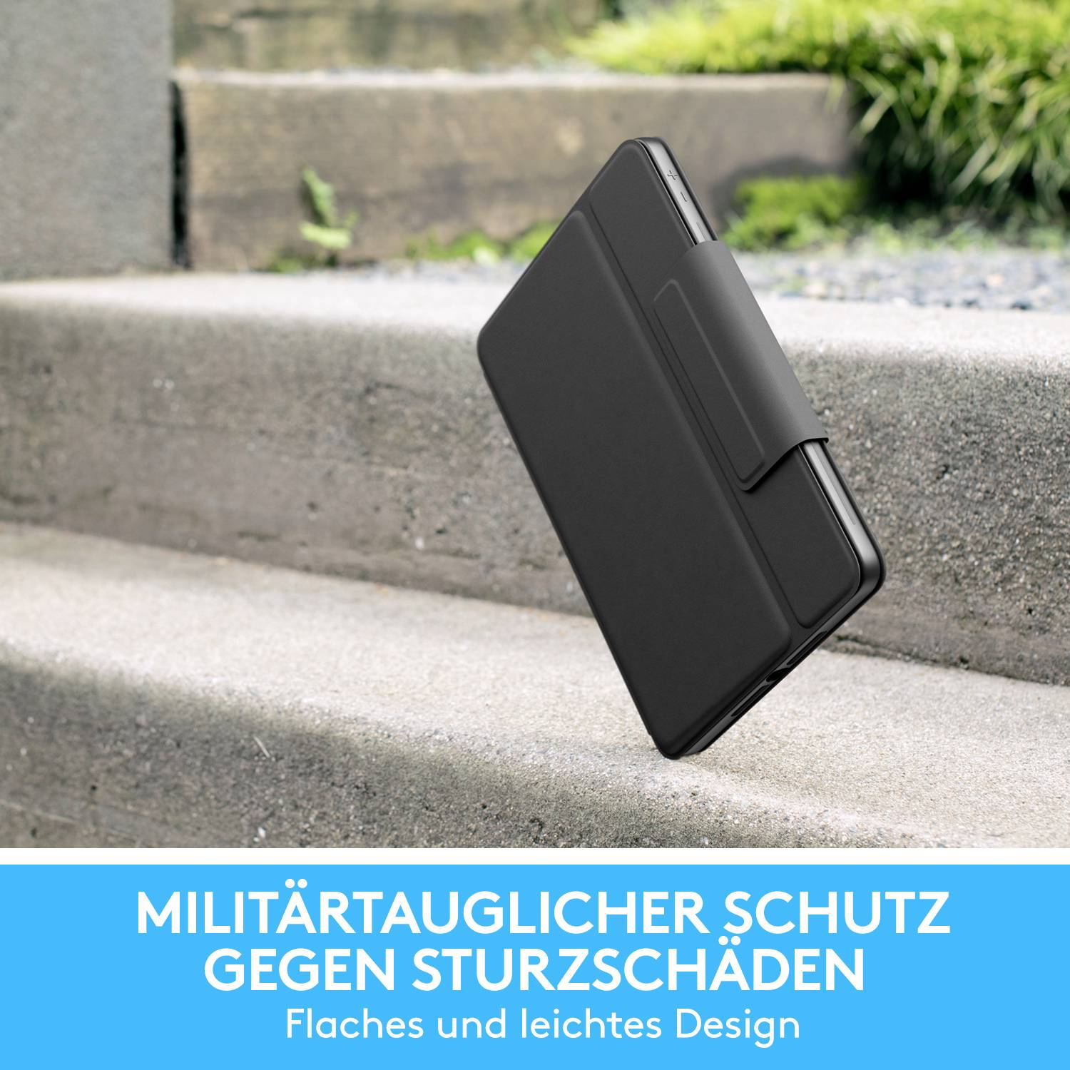 Eine schwarze Handyhülle schwebt über Betontreppen. Text unten: 'Militärtauglicher Schutz gegen Sturzschäden. Flaches und leichtes Design.'