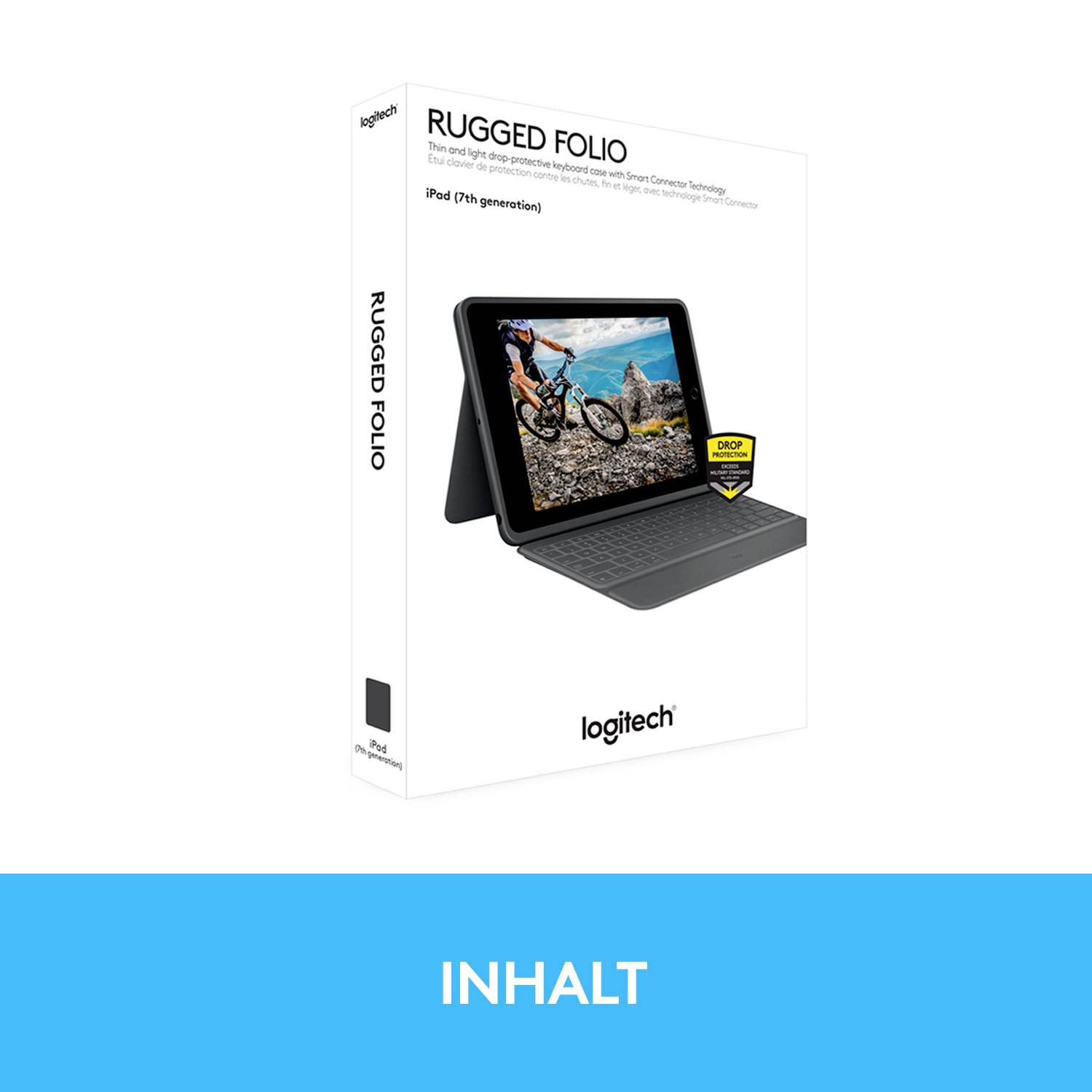 'Logitech Rugged Folio für iPad (9. Generation)' Verpackung mit Bild eines geschützten iPads, das von einem Fahrradfahrer verwendet wird.