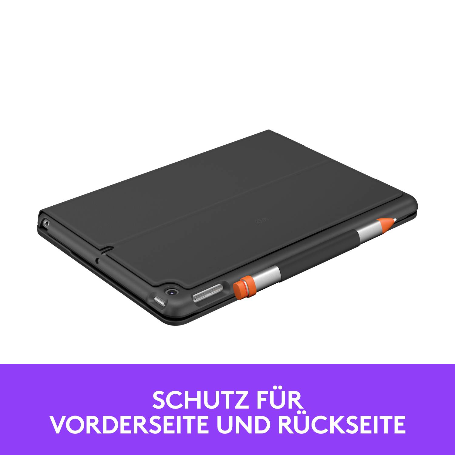 'Silikon-Schutzhülle für Tablet mit Halterung für Stift, bietet Schutz für Vorderseite und Rückseite, Hervorgehoben: Text "Schutz für Vorderseite und Rückseite".'