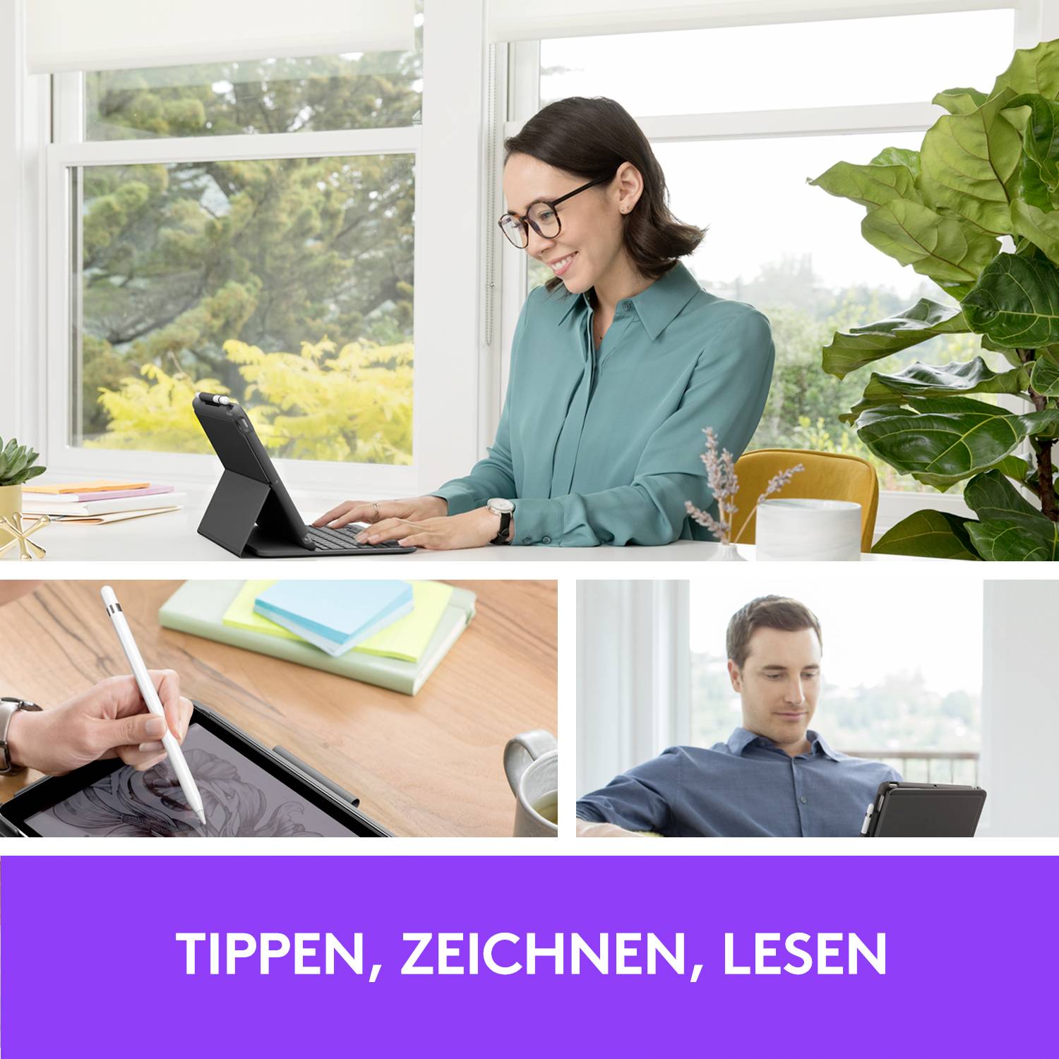 Eine Frau tippt auf einem Tablet, eine Person zeichnet mit einem Stift und ein Mann liest auf einem Sofa. Text: 'Tippen, Zeichnen, Lesen'.
