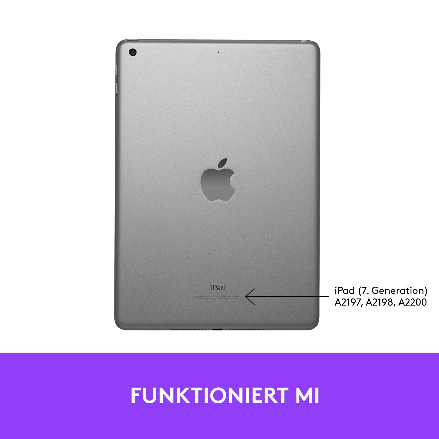 'Rückseite eines iPad (7. Generation) mit Modellnummern A2197, A2198, A2200. Text auf lila Hintergrund: "FUNKTIONIERT MI".'