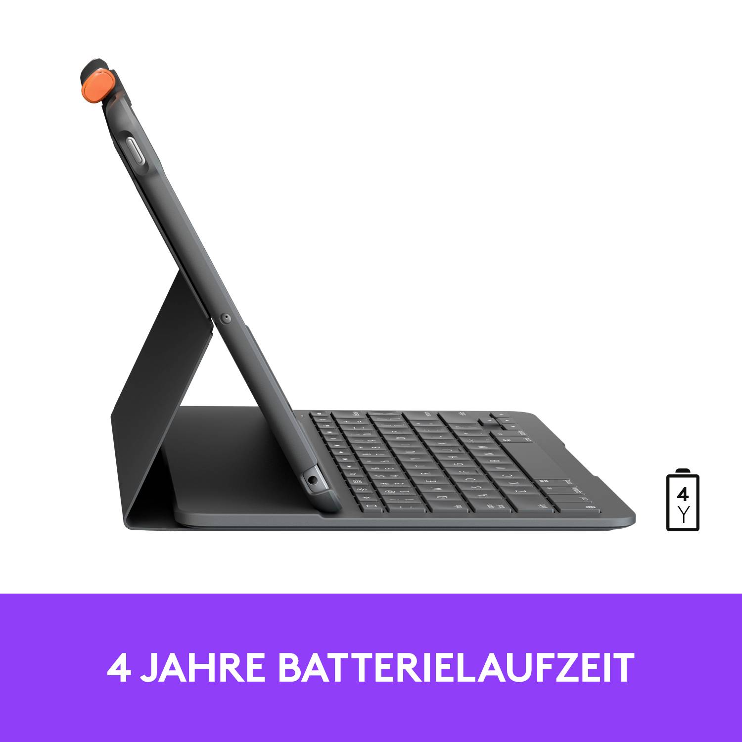 'Tastatur mit Stütze und Stift, seitlich gesehen. Text: 4 Jahre Batterielaufzeit.'