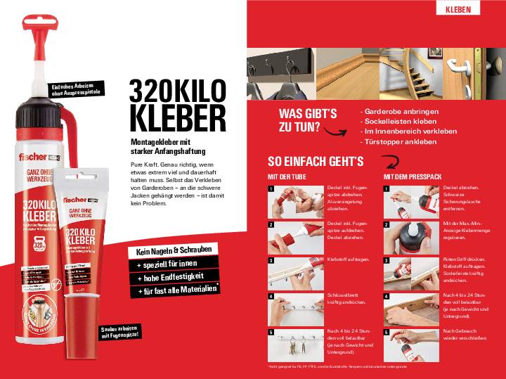 'Werbung für 320 Kilo Kleber' zeigt Montagekleber für diverse Anwendungen. Enthält Anweisungen zur Nutzung und Beispiele im Innenbereich.