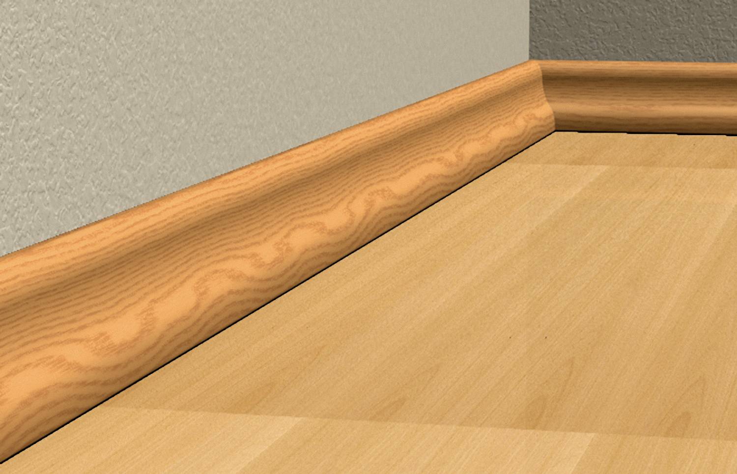 Zu sehen ist ein Holzfußboden mit einer anliegenden Holzleiste an der Wand. Die Ecke des Raums betont den sauberen Abschluss der Leiste.