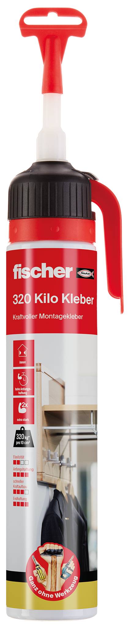 Red Fischer 320 Kilo Kleber Montageklebstoff-Kartusche mit weißem Applikatorrohr und rotem Griff auf weißem Hintergrund.