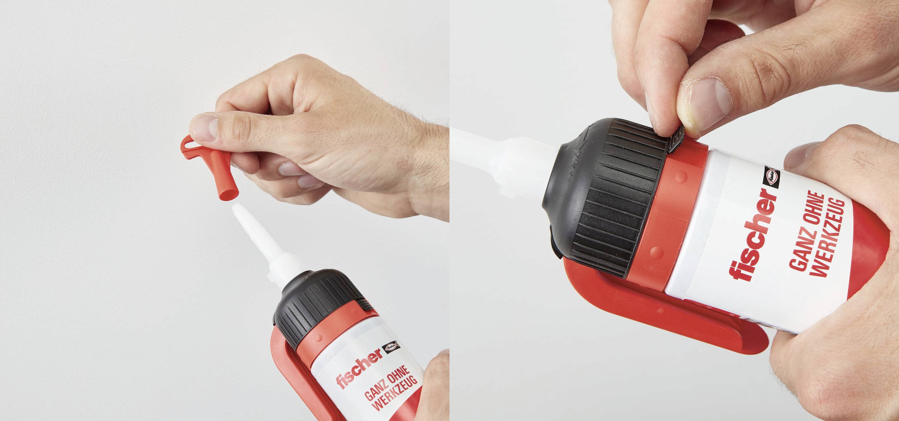 'Zwei Hände montieren und verwenden einen Fischer-Dübelkleber. Links wird der Aufsatz aufgesetzt, rechts eine Kappe entfernt.'