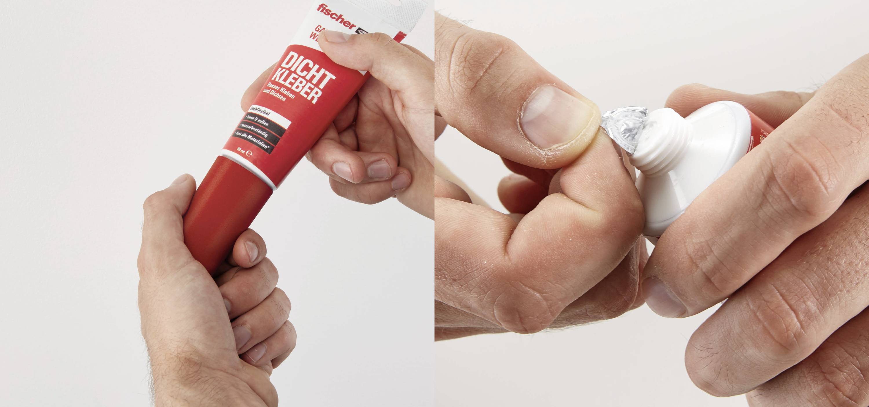 Eine Hand hält eine geöffnete Tube Dichtkleber, bereit zum Auftragen. Die andere Hand entfernt die Folie von der Tubenöffnung.