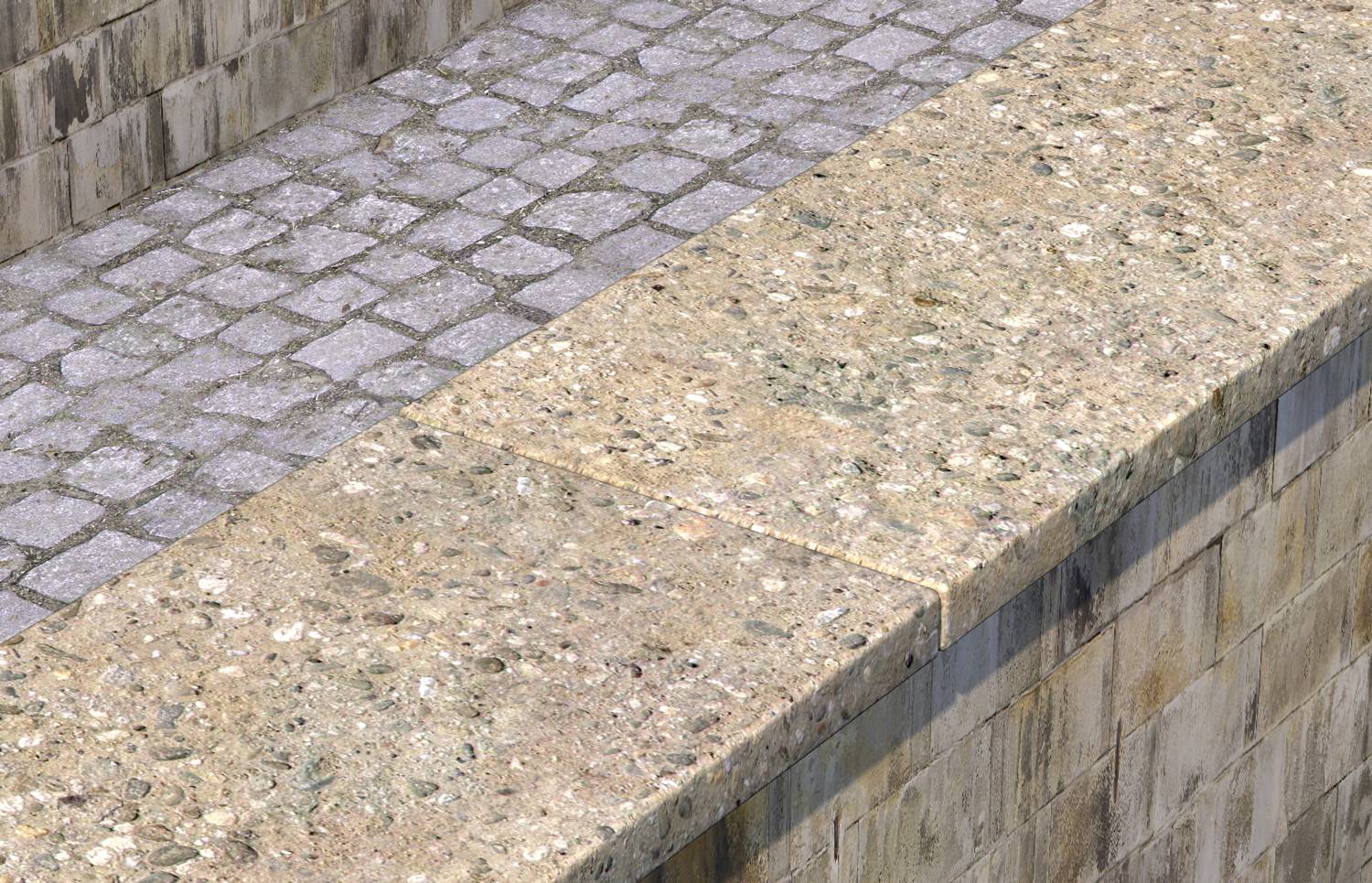 Steinmauer mit Kopfsteinpflaster darüber; erdige Farbtöne, rauer Textur.