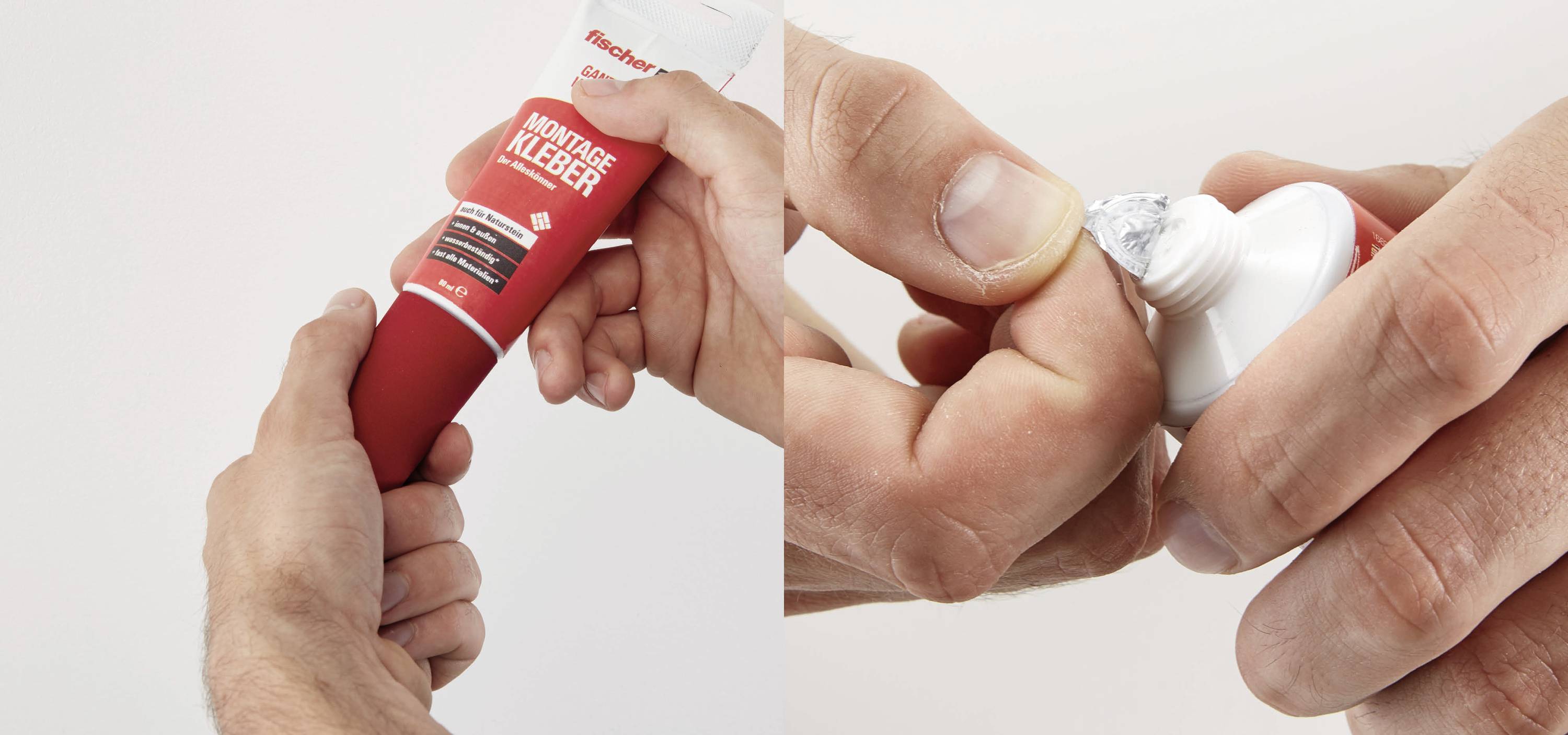 Eine Hand drückt Klebstoff aus einer roten Tube mit der Aufschrift 'Montagekleber', während eine andere Hand die Kappe hält.