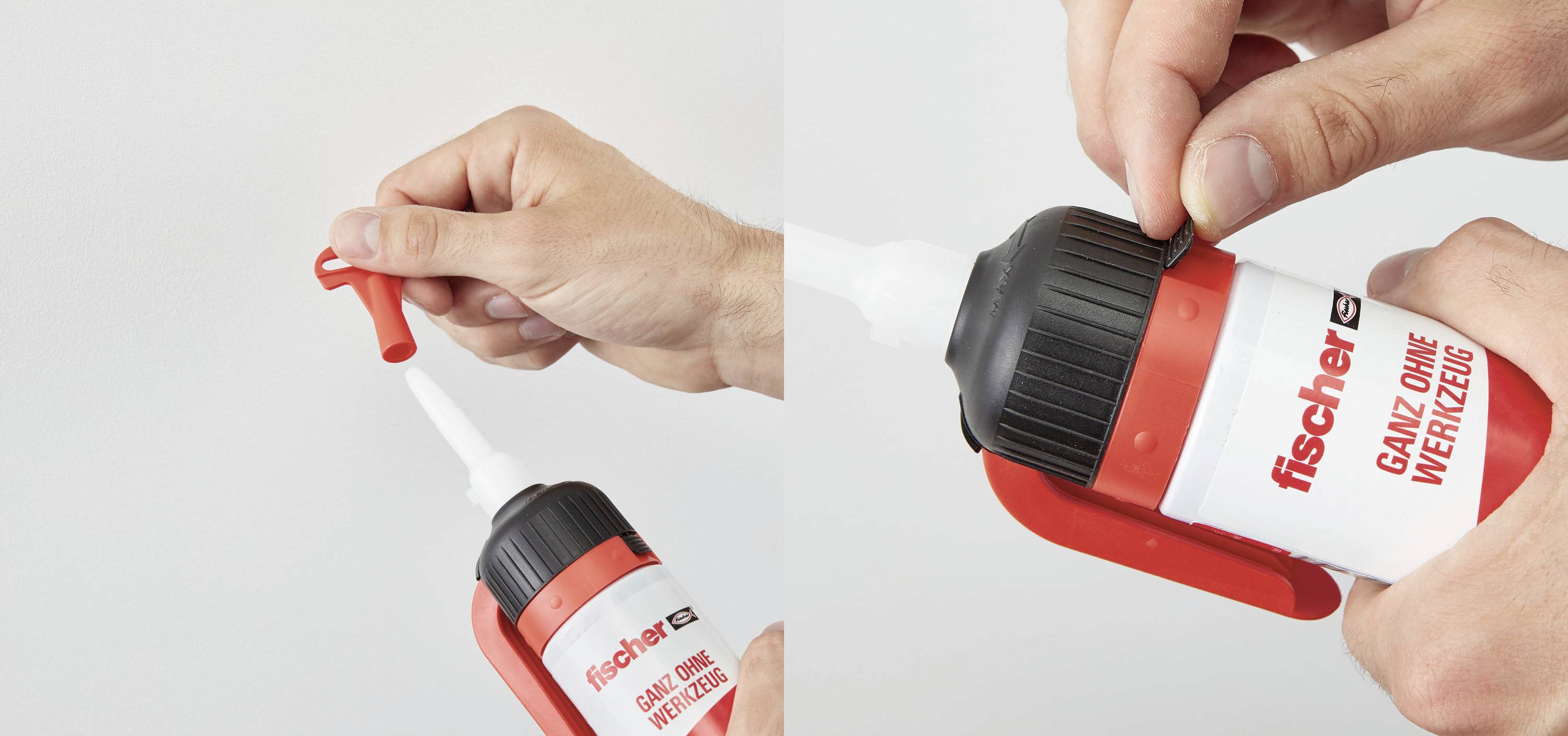 Ein-Hand-Kleber von Fischer wird geöffnet und verwendet. Die Verpackung mit rotem Aufdruck zeigt 'Ganz ohne Werkzeug'.