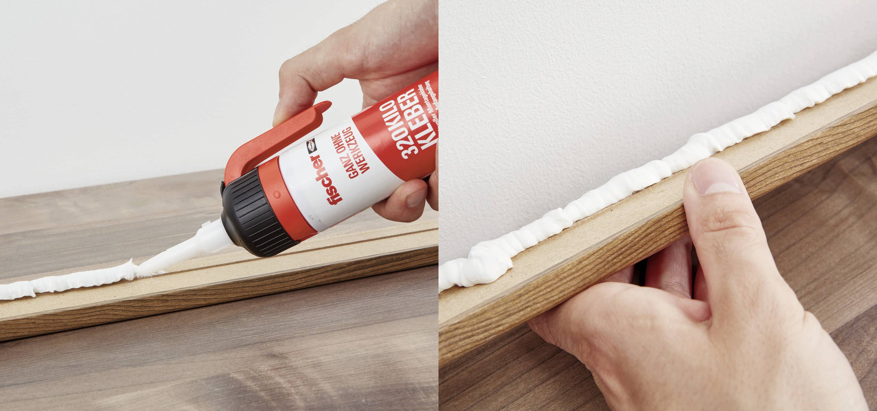 Eine Hand hält eine Klebeflasche und trägt weißen Klebstoff auf ein Holzbrett auf. Das Brett wird gegen eine Wand gedrückt.