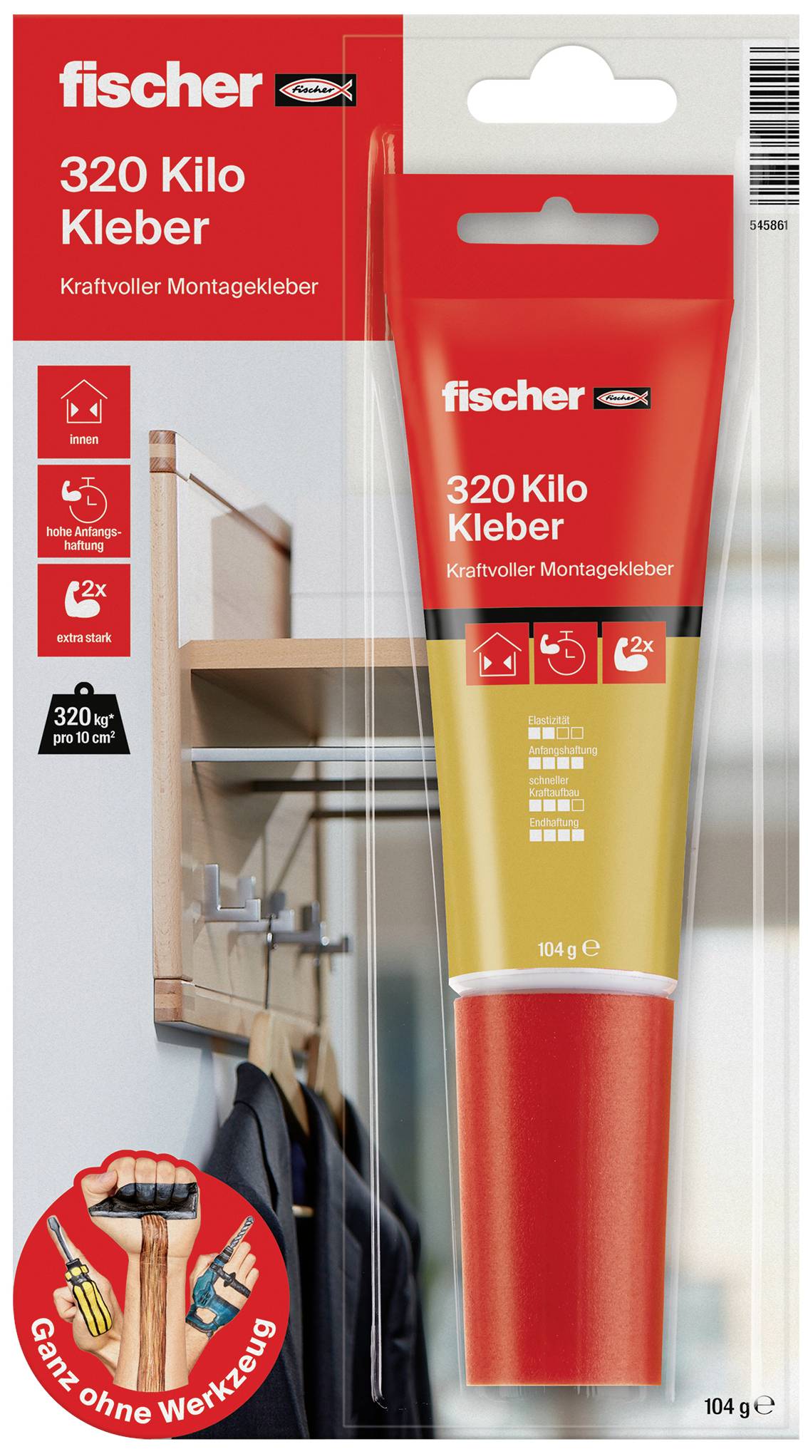 Eine Tube 'fischer 320 Kilo Kleber' in roter und gelber Verpackung. Verspricht kraftvollen Montagekleber mit 104 g Inhalt.