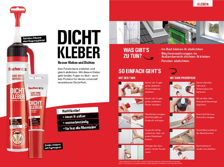 'Dichtkleber'-Werbung mit Anwendungshinweisen: Im Bad abdichten, Fenster versiegeln. Bild zeigt Kleber in verschiedenen Anwendungen.