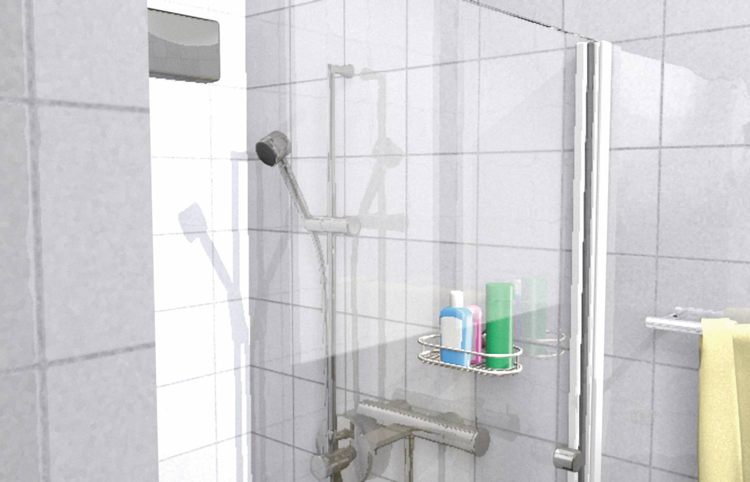 Duschkabine mit Glaswänden, ausgestattet mit Regendusche und Ablage für Shampoo. Heller Raum, weiße Wandfliesen.
