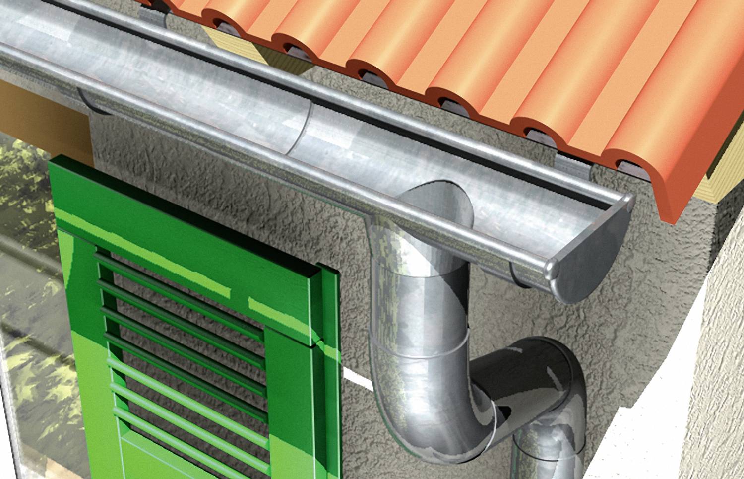 'Illustration einer Dachrinne aus Metall mit Regenrohr unter einem Ziegeldach. Ein Fensterladen ist an der Wand sichtbar.'