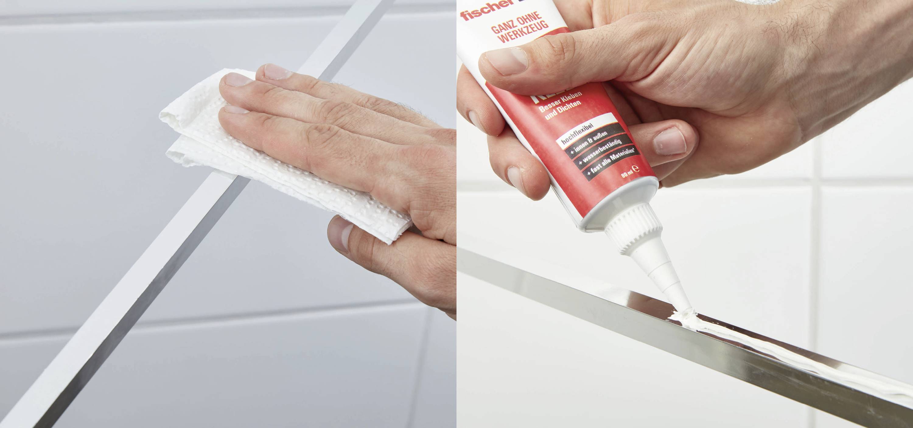 'Zwei Bilder: Links wischt eine Hand eine Oberfläche mit einem Tuch ab. Rechts trägt eine Hand eine Dichtmasse auf eine Kante auf.'
