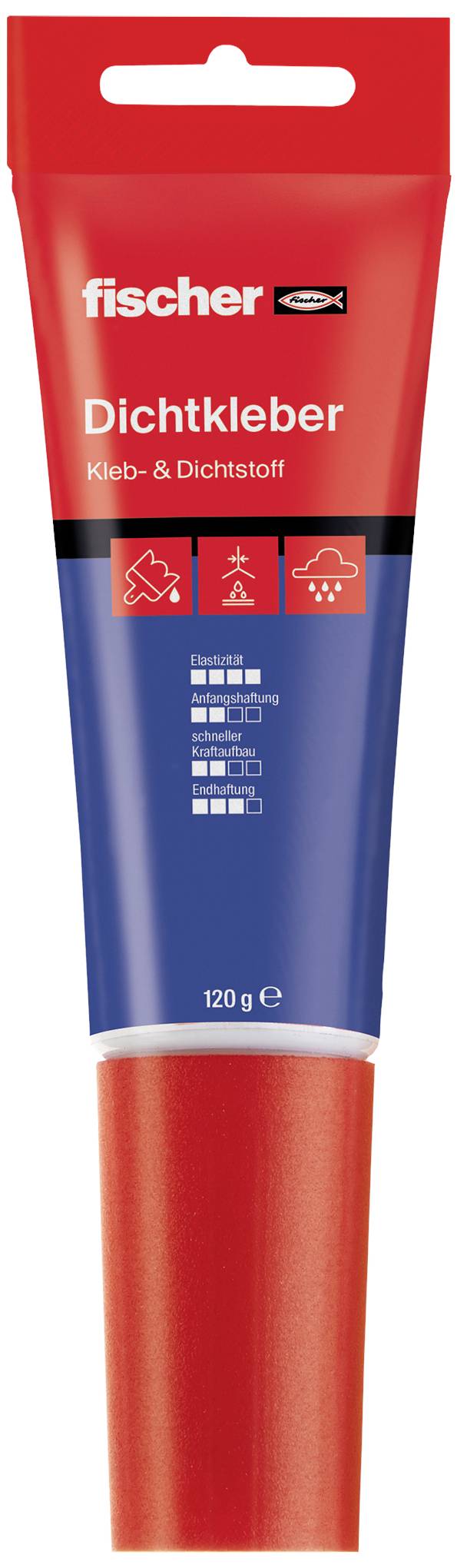 Rote Tube von 'fischer' mit Dichtkleber, 120g. Geeignet für Feuer-, Wasser- und Kältedichtung.