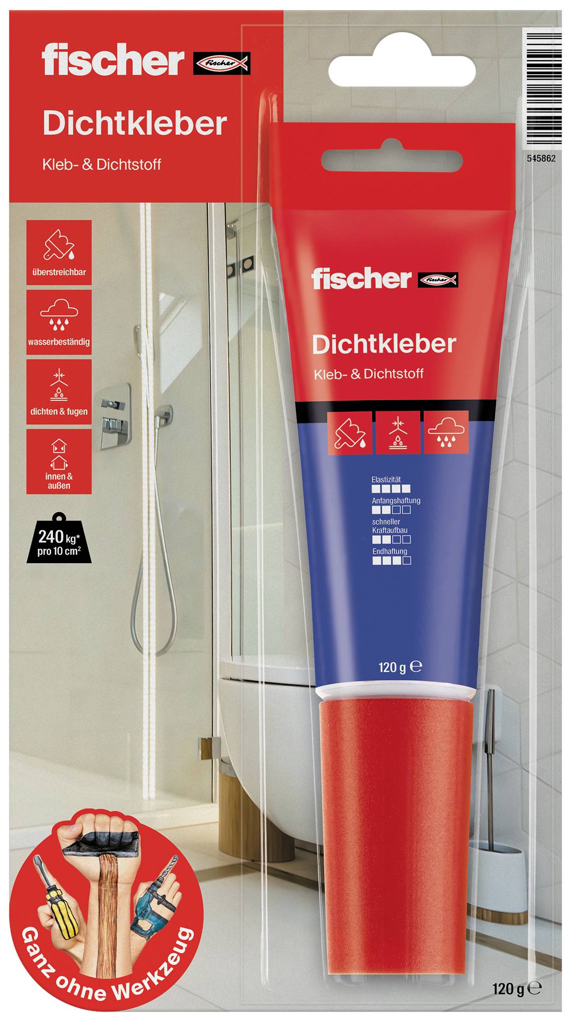 Verpackung eines Fischer Dichtklebemittels mit Anwendungshinweis 'Ganz ohne Werkzeug'. Für Abdichten und Kleben bis 240 kg/m².
