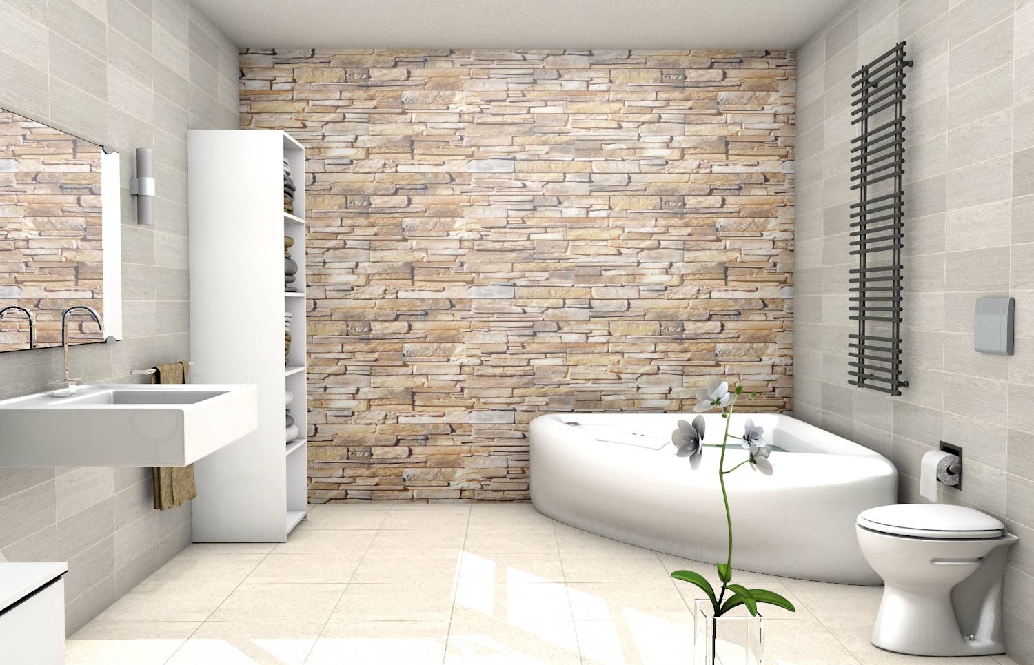 Modernes Badezimmer mit Steinwand, Eckbadewanne, Waschbecken, Toilette und einem hohen Regal links. Weiße und beige Töne dominieren.
