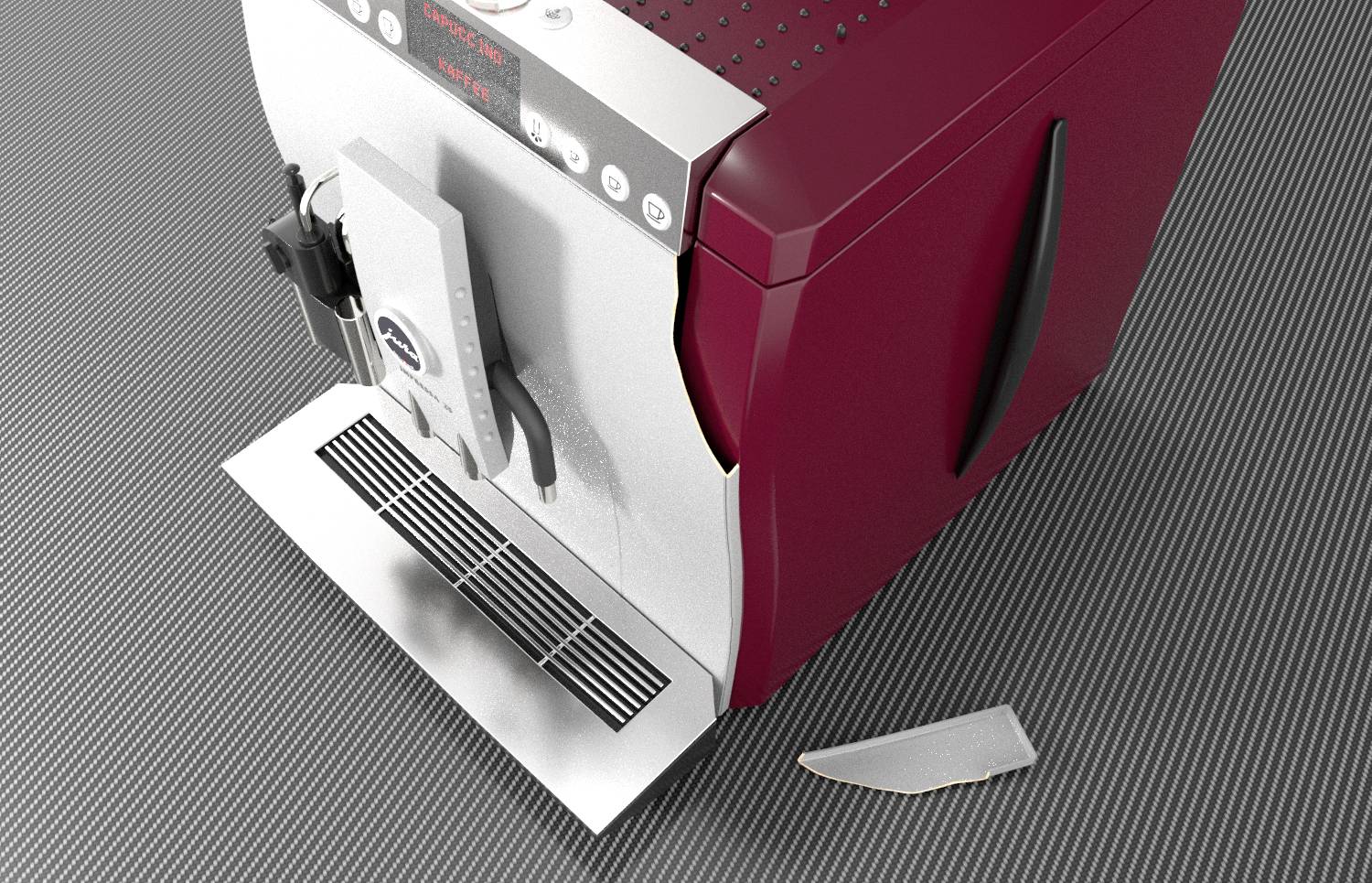 Roter Kaffeevollautomat mit abgebrochenem Stück an der Seite, auf grauem Untergrund.